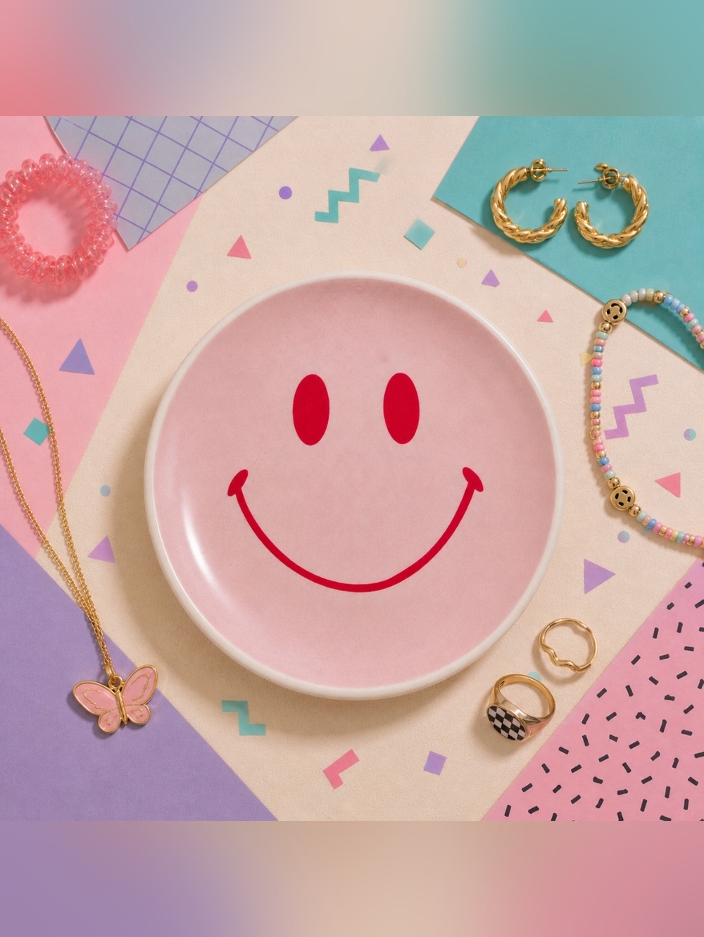 Smiley Face Trinket Dish 4” Pink Retro